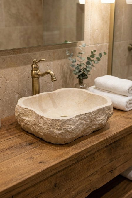 حوض مغسلة حجري طبيعي غير منتظم – 38×48 سم